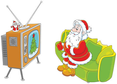 Santa Claus watching his old wood TV setのイラスト素材