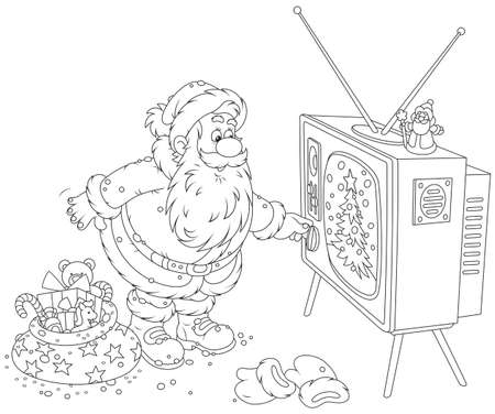 Santa Claus turning on his old wood TV setのイラスト素材