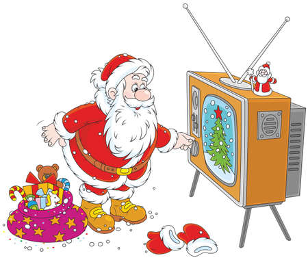 Santa Claus turning on his old wood TV setのイラスト素材