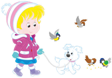 Girl walking with her dogのイラスト素材