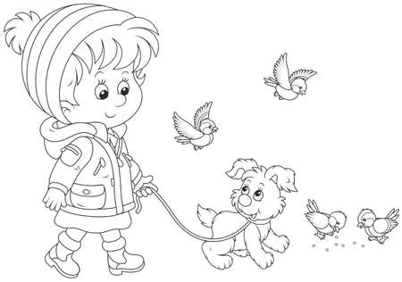 Girl walking with her dogのイラスト素材