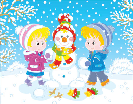 Small children making a funny Christmas snowmanのイラスト素材