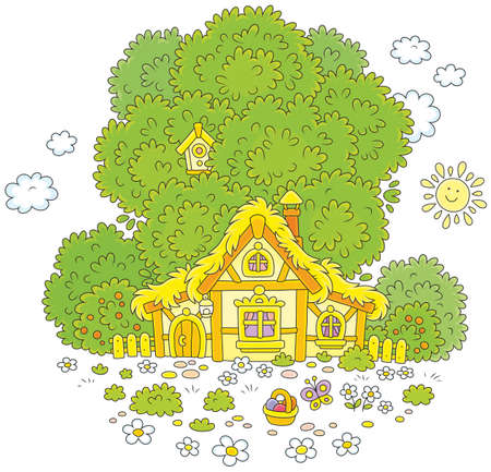 Small old hut with a thatched roof under a big green tree on Easter dayのイラスト素材