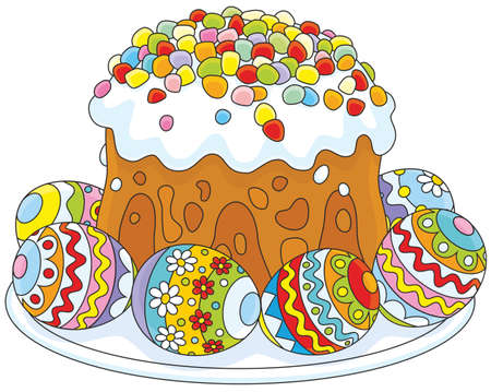 Festively decorated Easter cake and colorfully painted eggsのイラスト素材