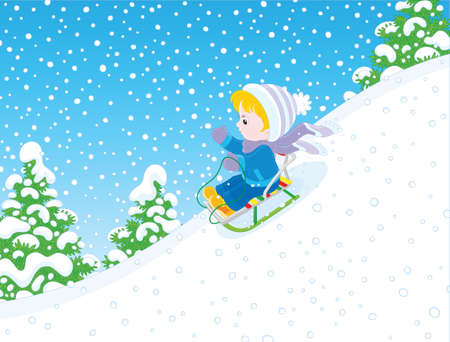 Small child sliding down the snowy hill on a sledgeのイラスト素材