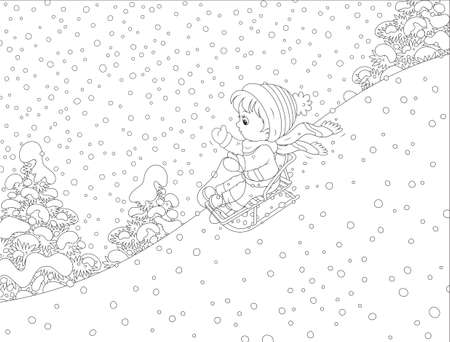 Small child sliding down the snowy hill on a sledgeのイラスト素材