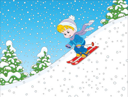 Small child skiing down the snowy hillのイラスト素材