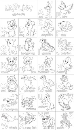 English alphabet with funny animals for coloringのイラスト素材