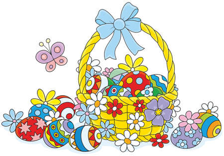 Easter basket with painted eggs and flowersのイラスト素材