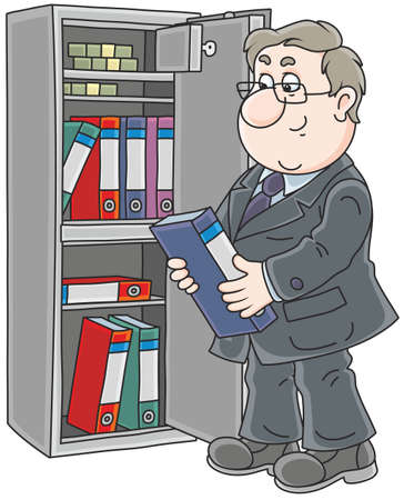 Clerk putting a folder with documents in a safeのイラスト素材