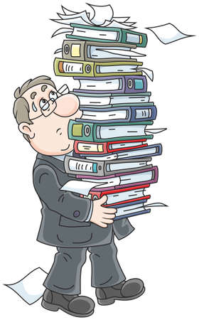 Clerk with a high stack of folders with documents.のイラスト素材