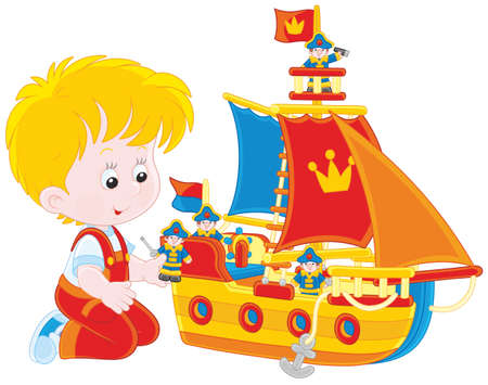 Little boy playing a toy sailing shipのイラスト素材