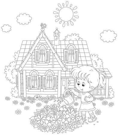 Little girl watering flowers on a flowerbed in front of her houseのイラスト素材