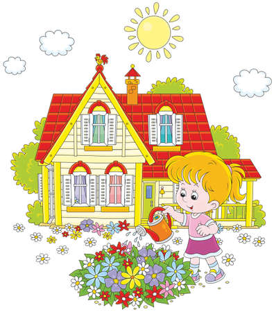 Little girl watering colorful flowers on a flowerbed in front of her houseのイラスト素材