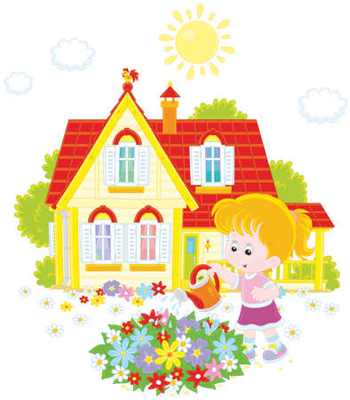 Little girl watering colorful flowers on a flowerbed in front of her houseのイラスト素材