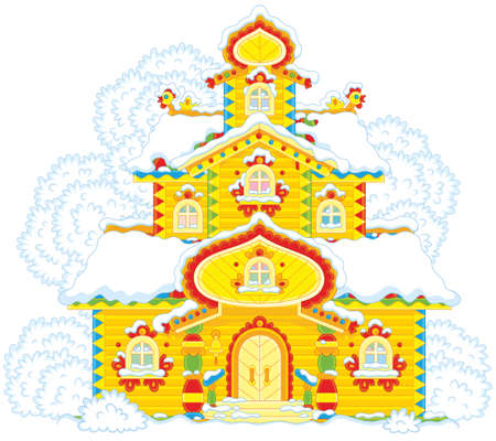 Colorfully decorated wooden tower covered with snow on Christmasのイラスト素材