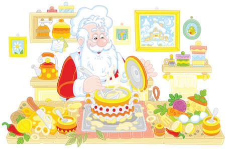 Santa Claus cooking soup in his kitchen.のイラスト素材