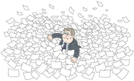 Clerk among waves in sea of paper.のイラスト素材