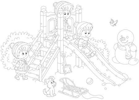 Little children playing on a slide at a playground in a winter parkのイラスト素材