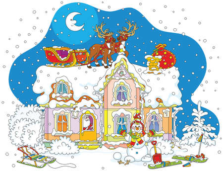 Santa Claus with gifts in a house, his sledge with magic reindeers on a snow-covered housetop vectorのイラスト素材