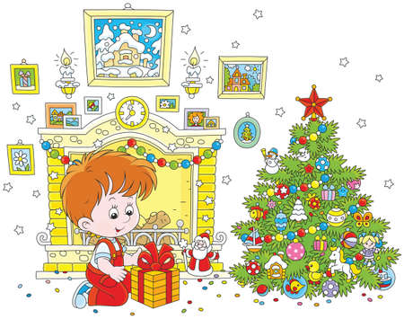 Boy with his Christmas gift Vector illustration.のイラスト素材