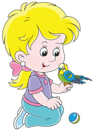 Little girl playing with her budgerigarのイラスト素材