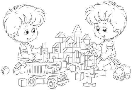 Two little boys playing with toy bricks and carsのイラスト素材