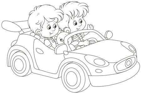 Little children playing in a toy sports carのイラスト素材