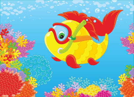 Funny fish-diver with a mask and a snorkel over coralsのイラスト素材