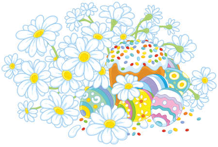 Easter eggs and a cake with flowersのイラスト素材