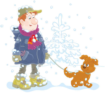 Winter walk with a dogのイラスト素材