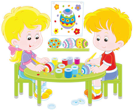 Children painting Easter eggsのイラスト素材