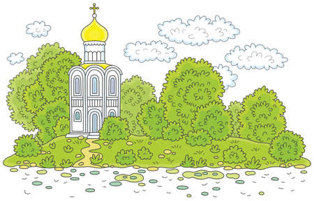 Old white church among trees on a picturesque islandのイラスト素材