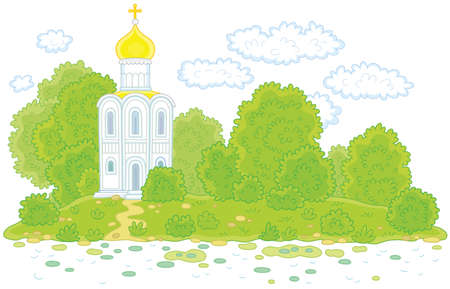 Old white church among trees on a picturesque islandのイラスト素材