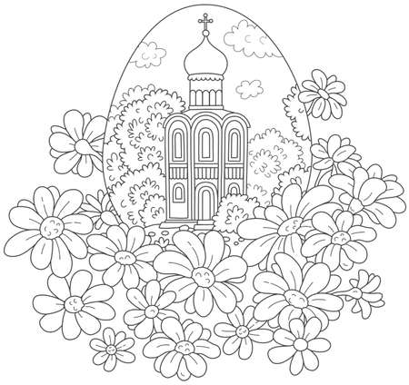 Easter egg with a church and flowersのイラスト素材