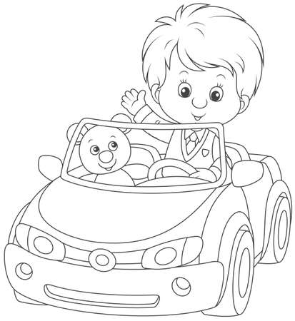 Little boy with his teddy bear coloring imageのイラスト素材
