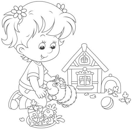 Little girl playing with her pet cavyのイラスト素材