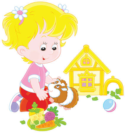 Little girl playing with her pet cavyのイラスト素材