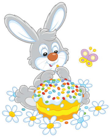 Bunny with an Easter cake, flowers and a butterflyのイラスト素材