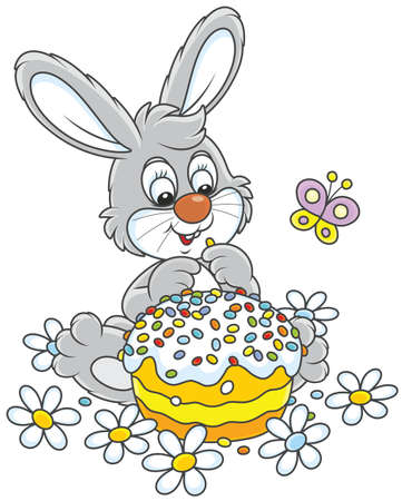 Bunny with an Easter cake, flowers and a butterflyのイラスト素材