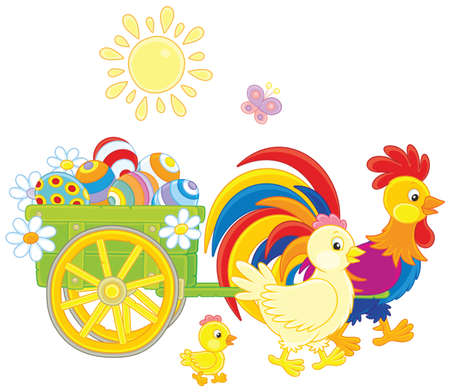 Chicken family with a basket of Easter eggsのイラスト素材