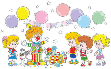 Circus clown playing with little childrenのイラスト素材