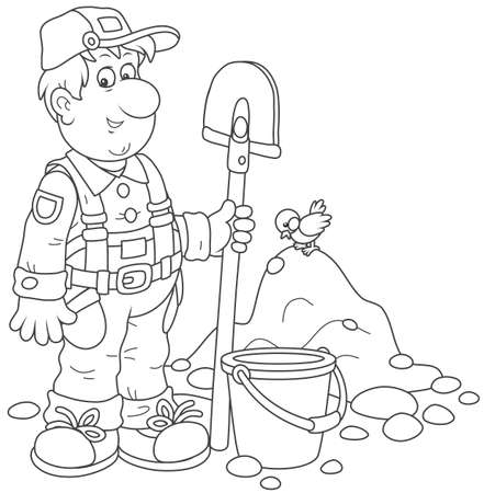 Worker with a spade and a bucket black and whiteのイラスト素材