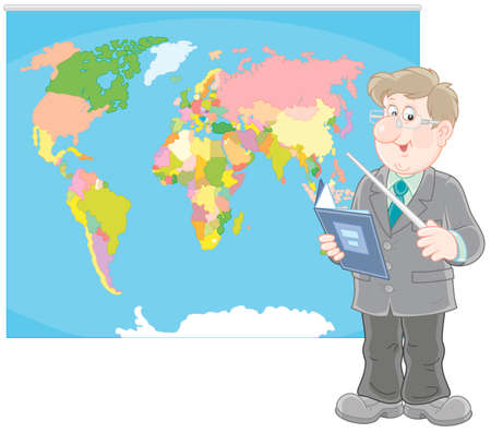 Geography teacher at lesson near a world map Vector illustration.のイラスト素材