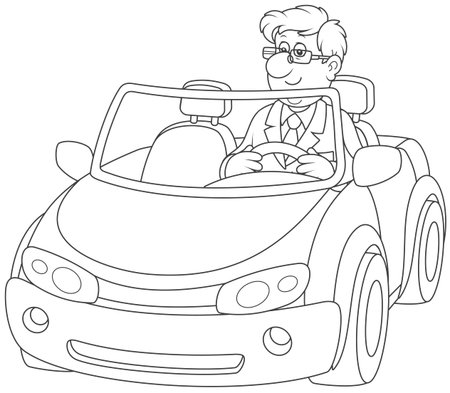 Smiling man driving his sport car black and white vector illustrationのイラスト素材