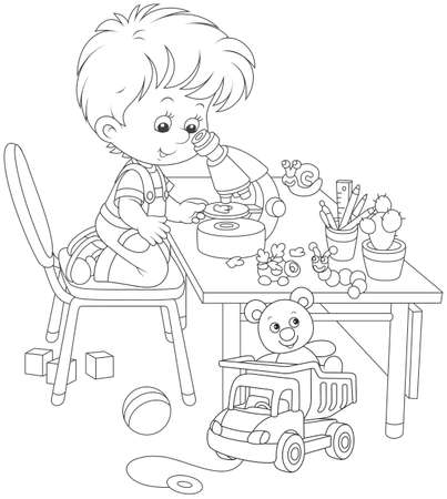 Boy with a microscope, in outline Illustration.のイラスト素材