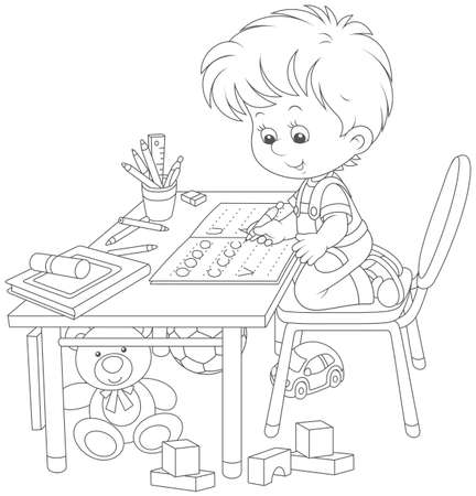 Boy doing homework with his game with toys illustration.のイラスト素材