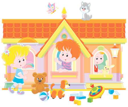 Kids playing in a toy house background.のイラスト素材