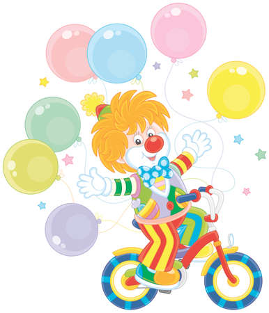 Ginger circus clown riding his bicycle with balloonsのイラスト素材