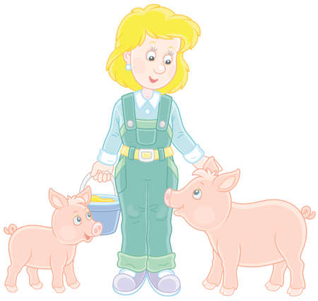 Smiling farm work woman feeding pink piglets,のイラスト素材